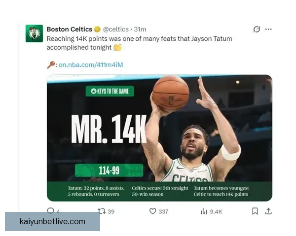 塔图姆解锁14000分成为历史第五年轻前锋仅次于詹杜瓜